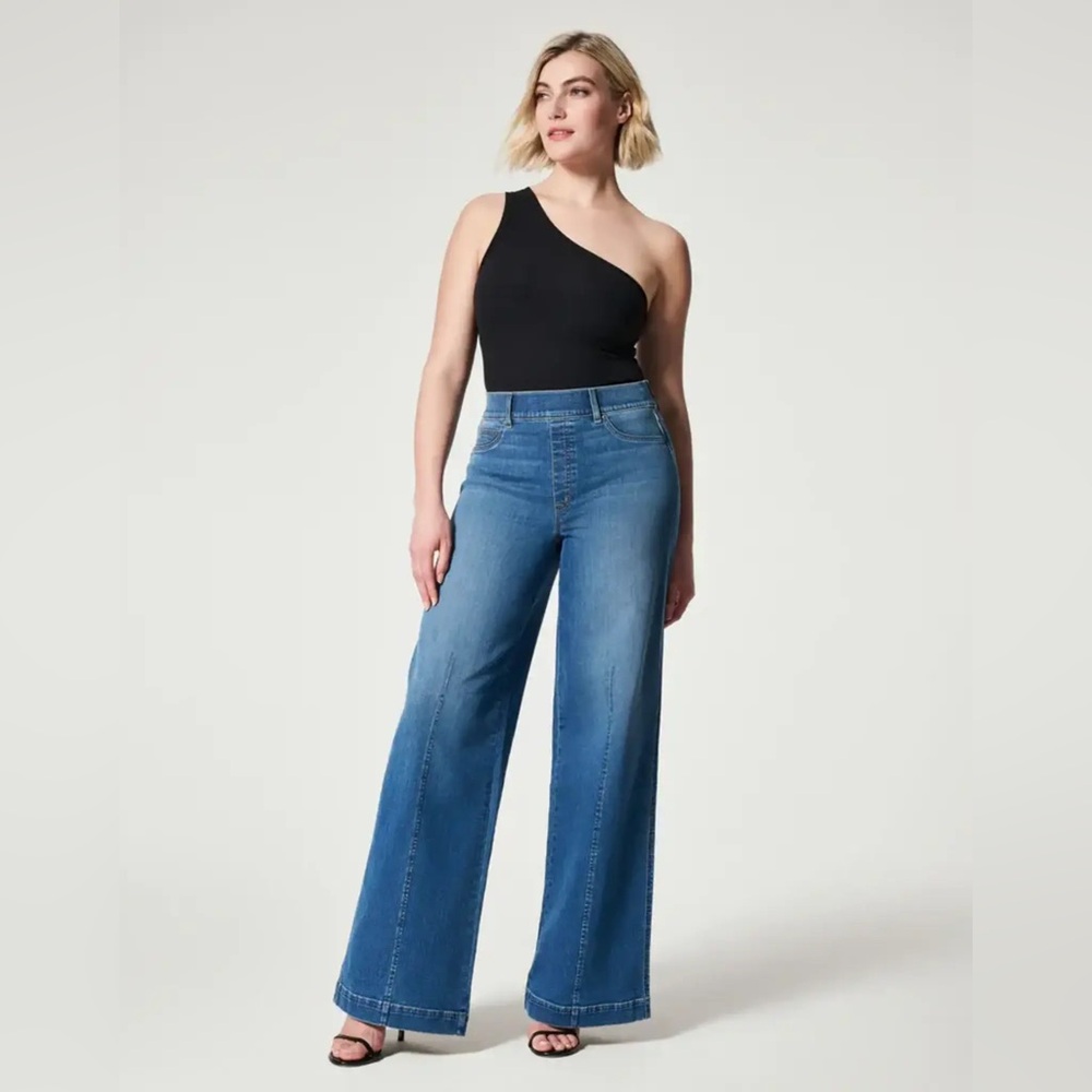 SPANX Wide leg front seam denim blue jeans